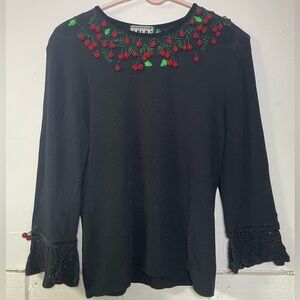 VTG Berek 3D Red Green Beaded Holly Berries Knit Flare Sleeve Sweater
